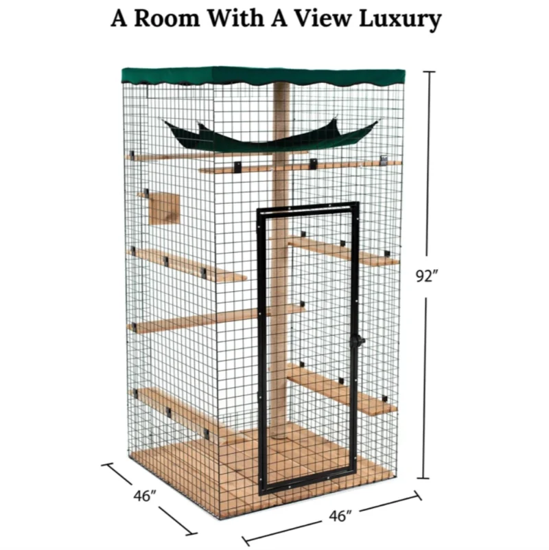 Predesigned catio featuring a spacious room with panoramic views of the outdoors. The enclosure is designed with mesh walls, allowing cats to enjoy fresh air, natural light, and a scenic view of the surrounding landscape