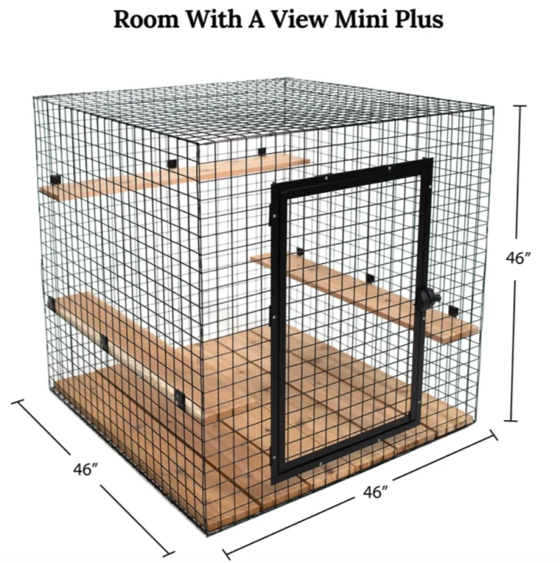 Predesigned catio featuring a spacious room with panoramic views of the outdoors. The enclosure is designed with mesh walls, allowing cats to enjoy fresh air, natural light, and a scenic view of the surrounding landscape