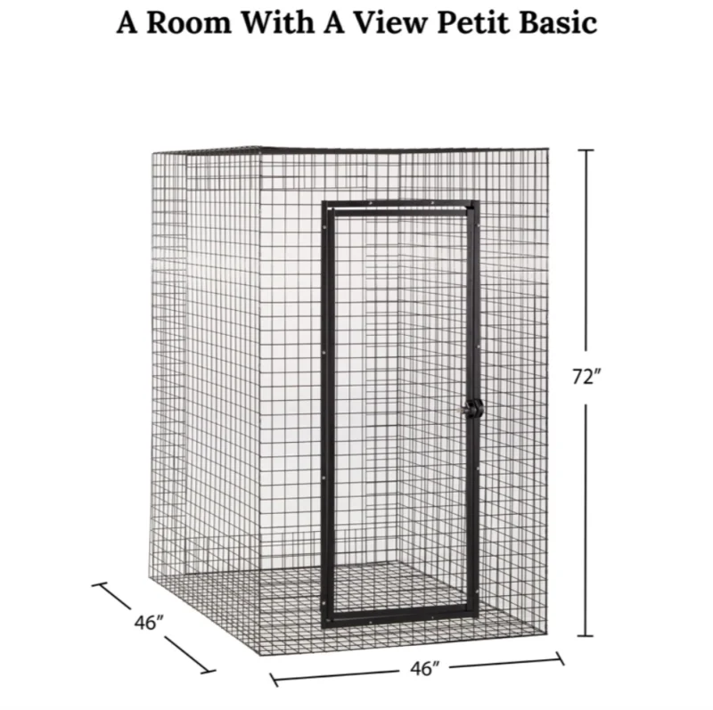 Predesigned catio featuring a spacious room with panoramic views of the outdoors. The enclosure is designed with mesh walls, allowing cats to enjoy fresh air, natural light, and a scenic view of the surrounding landscape