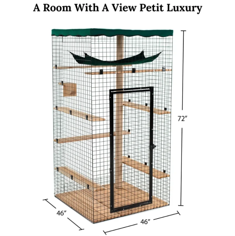 Predesigned catio featuring a spacious room with panoramic views of the outdoors. The enclosure is designed with mesh walls, allowing cats to enjoy fresh air, natural light, and a scenic view of the surrounding landscape