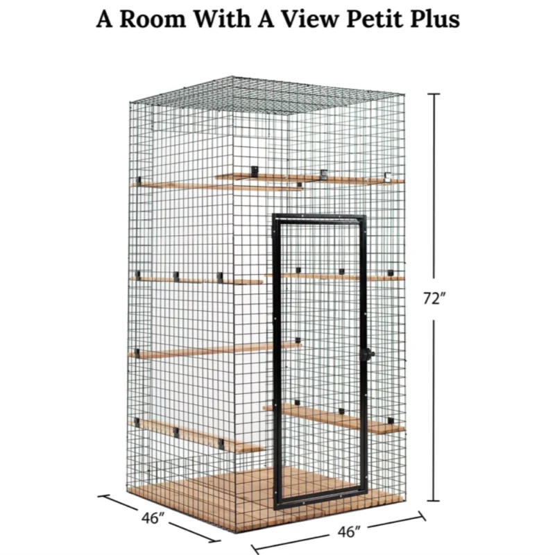 Predesigned catio featuring a spacious room with panoramic views of the outdoors. The enclosure is designed with mesh walls, allowing cats to enjoy fresh air, natural light, and a scenic view of the surrounding landscape