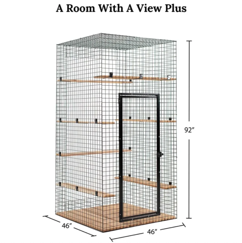 Predesigned catio featuring a spacious room with panoramic views of the outdoors. The enclosure is designed with mesh walls, allowing cats to enjoy fresh air, natural light, and a scenic view of the surrounding landscape