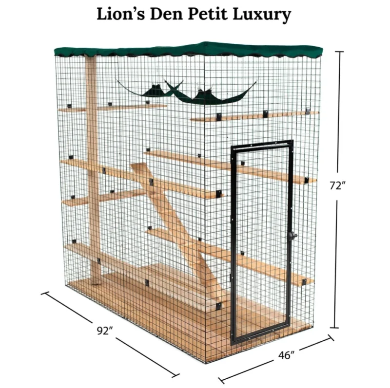 Lions Den catio featuring a spacious, enclosed outdoor structure with multiple levels, providing a safe and stimulating environment for cats to explore, climb, and relax