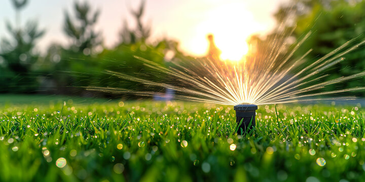 Modern irrigation system with sprinkler heads watering a lush, green lawn, designed for efficiency and plant health.