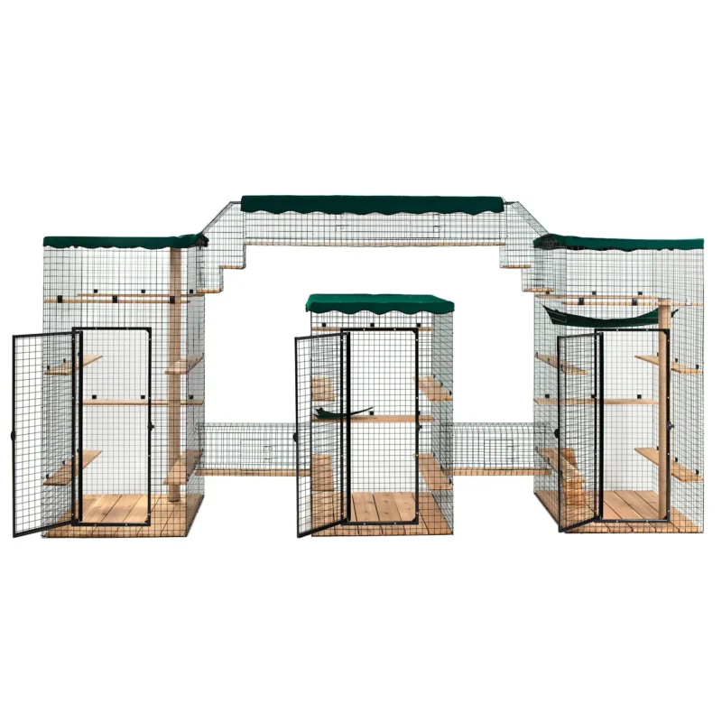 The Overlook Series catio featuring an overhead bridge for lounging and observation, available in two sizes for single or multiple cats, customizable for comfort.